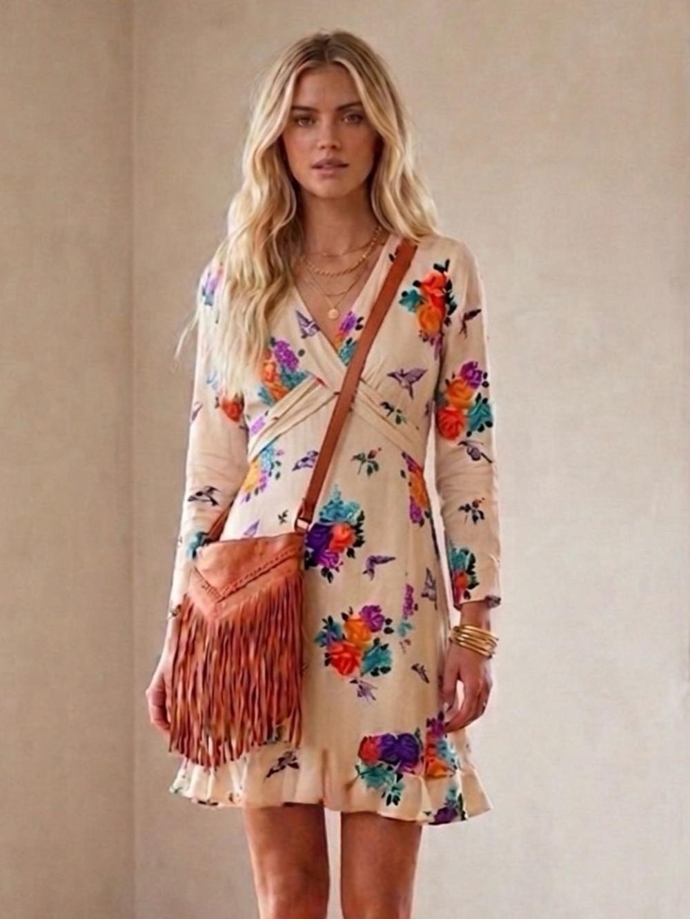 Vintage 70’s Kelly Arden Floral Swing V Neck Babydoll Wrap Dress Size Small